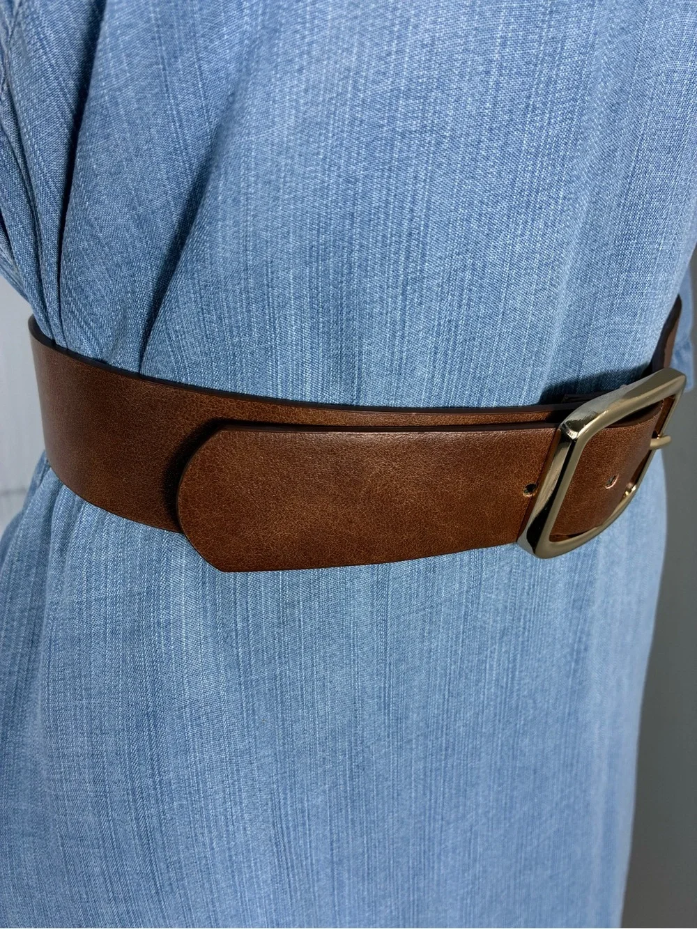 Womens belt 37” long brown faux leather gold squared buckle
